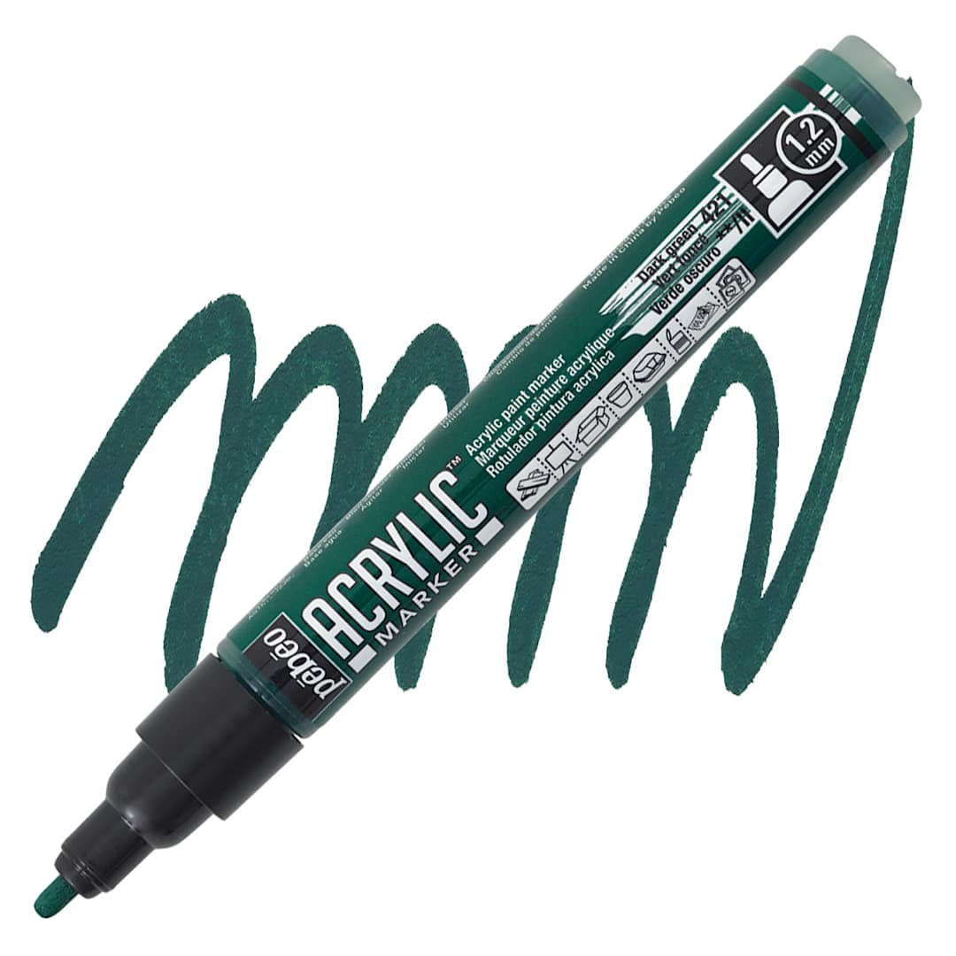 Open in modal - Pebeo Acrylic Marker - Dark Green, 1.2 mm, Bullet Nib marker and swatch