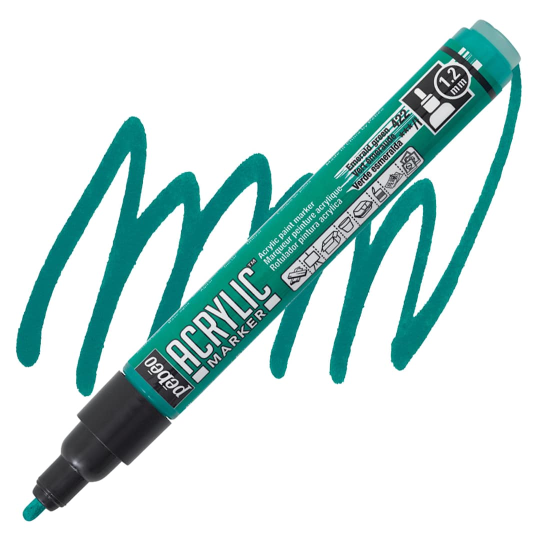 Open in modal - Pebeo Acrylic Marker - Emerald Green, 1.2 mm, Bullet Nib marker and swatch