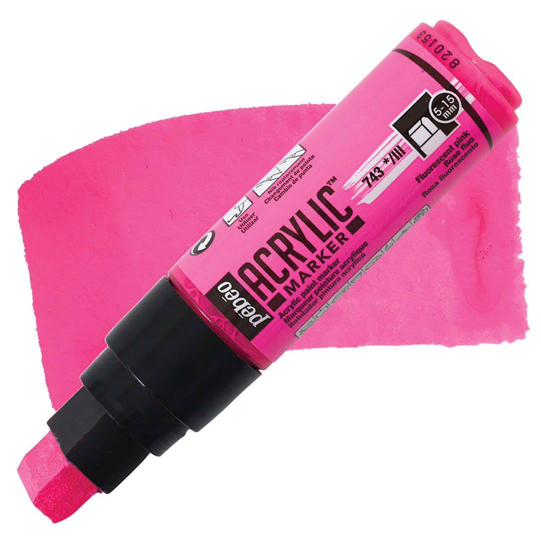 Open in modal - Pebeo Acrylic Marker - Fluorescent Pink, 5-15 mm, Flat Nib marker and swatch