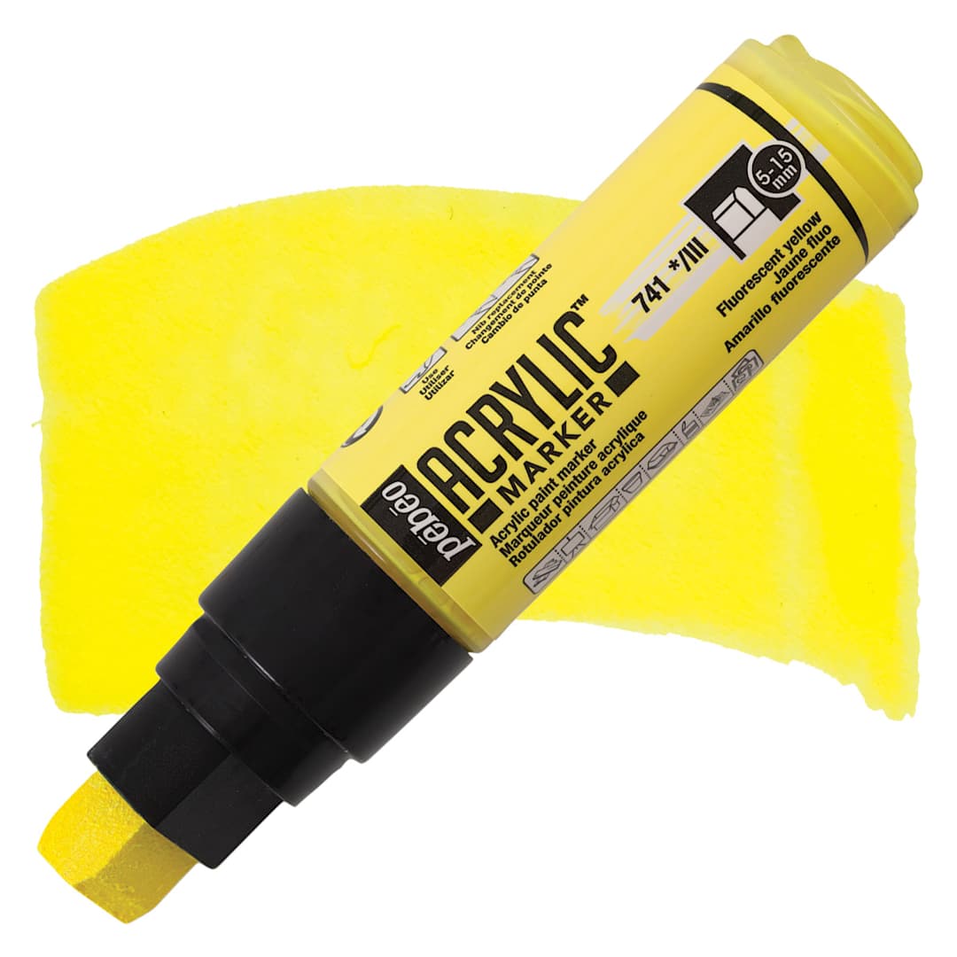 Open in modal - Pebeo Acrylic Marker - Fluorescent Yellow, 5-15 mm, Flat Nib marker and swatch