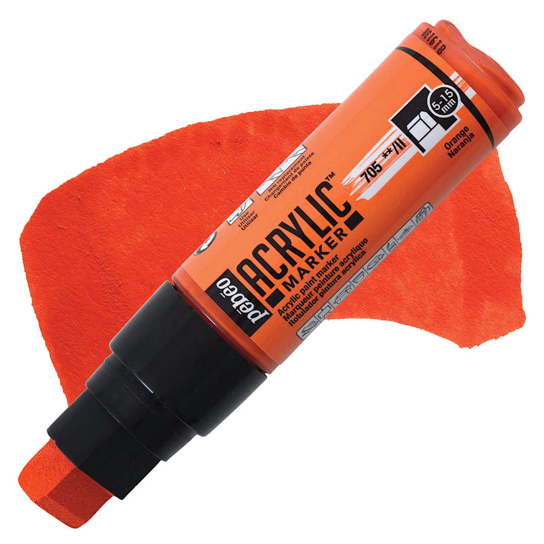 Open in modal - Pebeo Acrylic Marker - Orange, 5-15 mm, Flat Nib marker and swatch