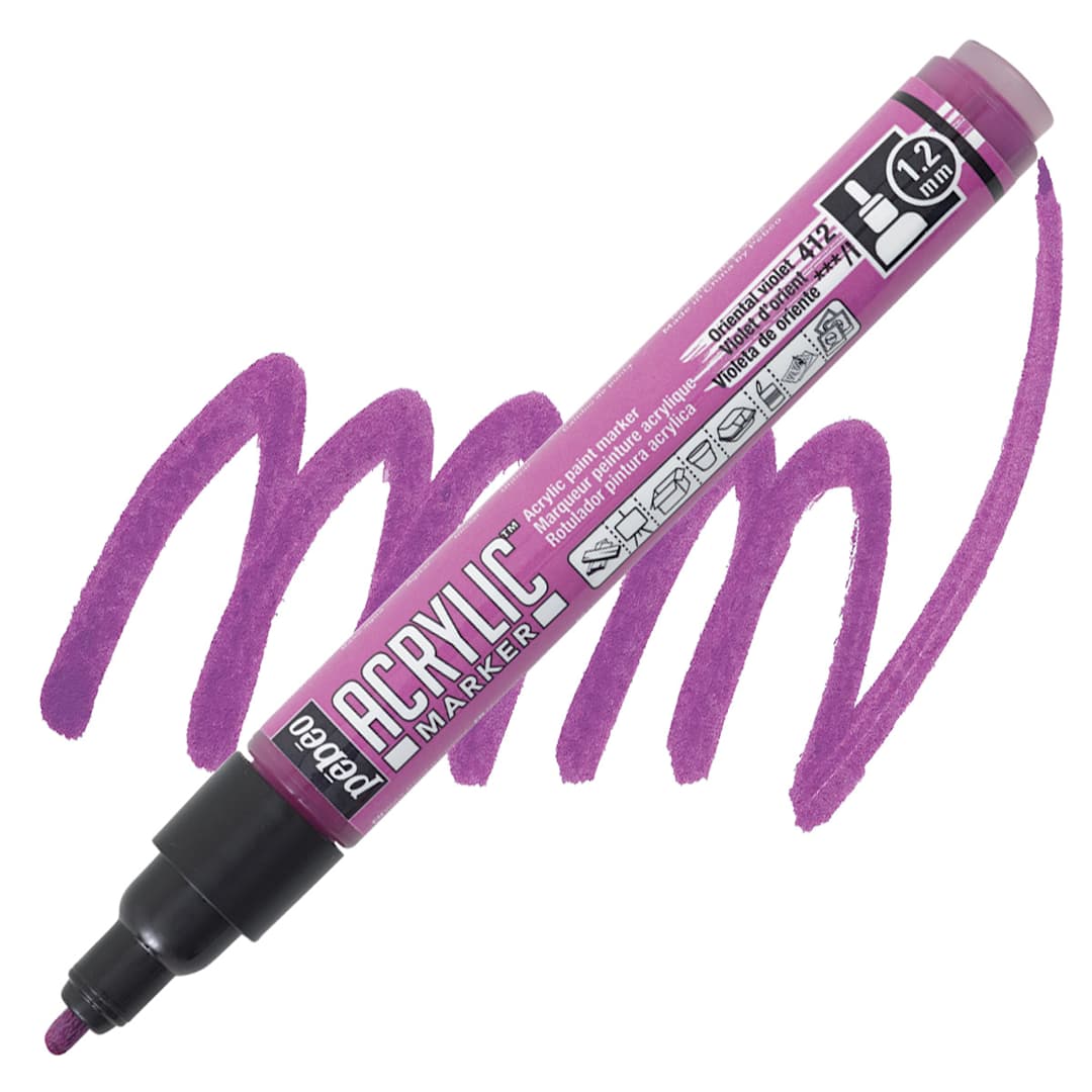 Open in modal - Pebeo Acrylic Marker - Oriental Violet, 1.2 mm Bullet Nib marker and swatch
