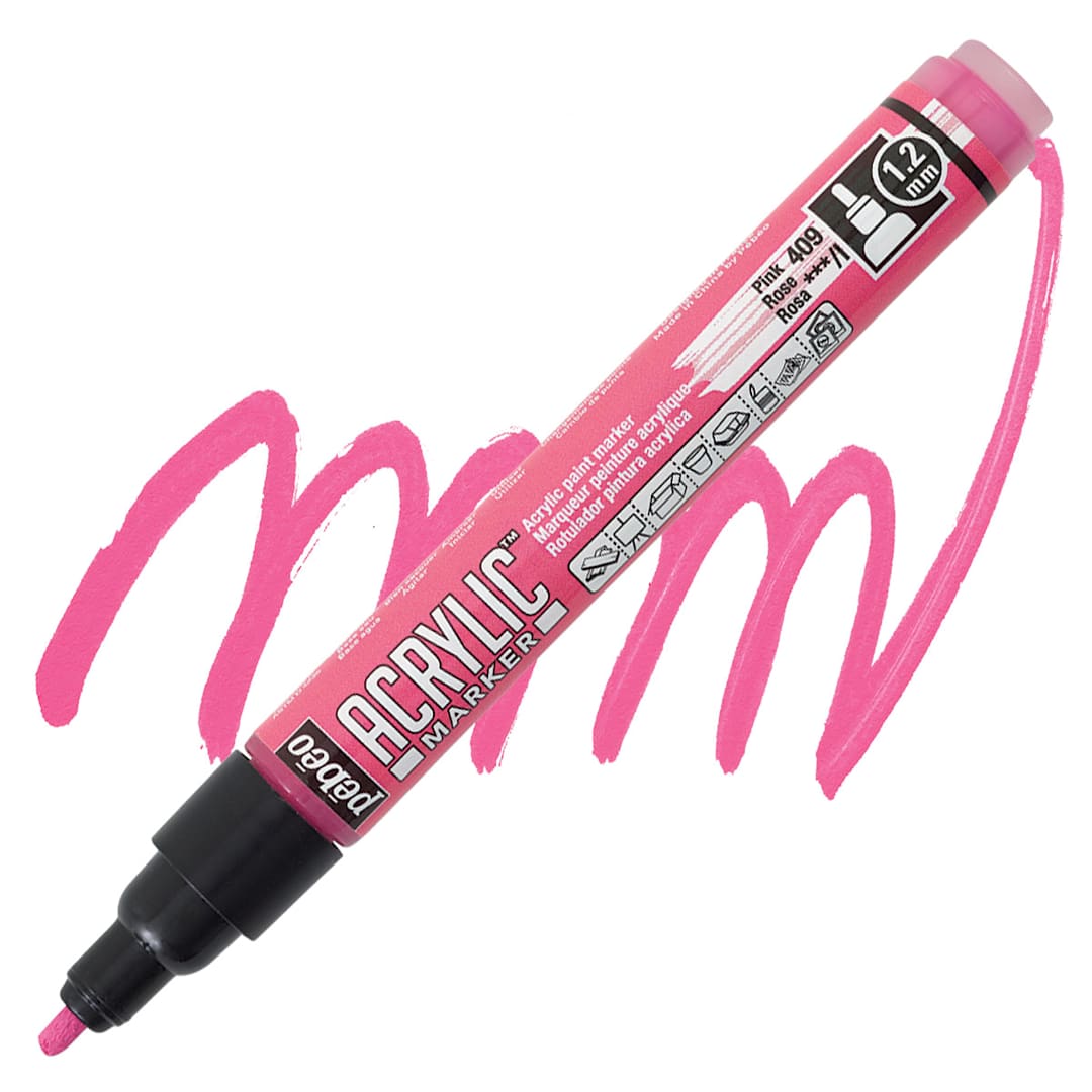 Open in modal - Pebeo Acrylic Marker - Pink, 1.2 mm, Bullet Nib marker and swatch