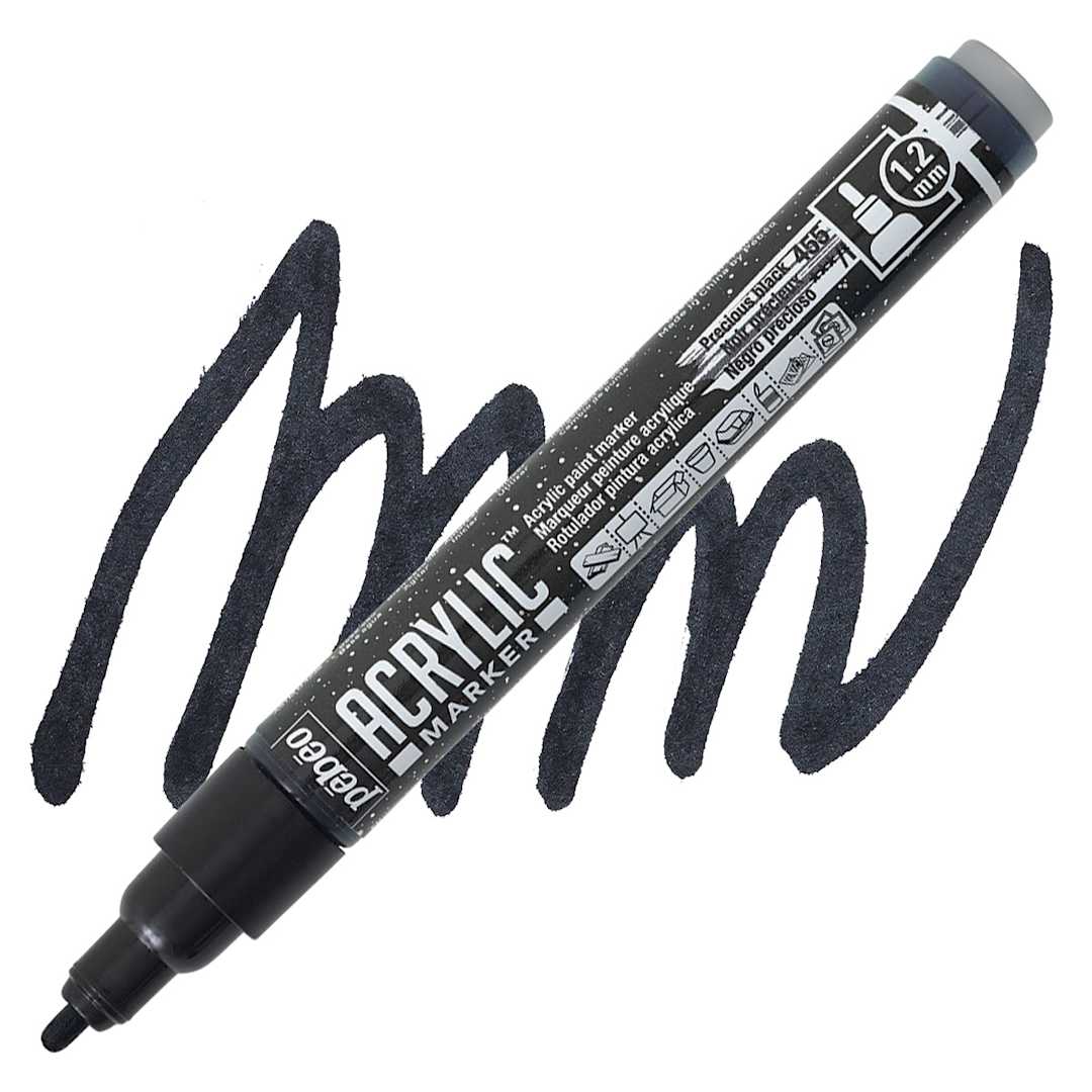 Open in modal - Pebeo Acrylic Marker - Precious Black, 1.2 mm bullet nib marker and swatch