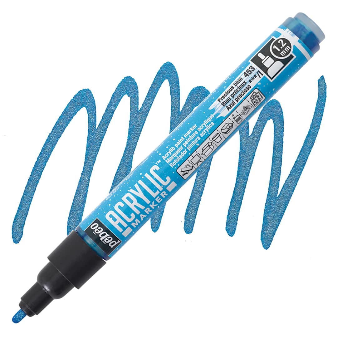 Open in modal - Pebeo Acrylic Marker - Precious Blue, 1.2 mm Bullet Nib marker and swatch
