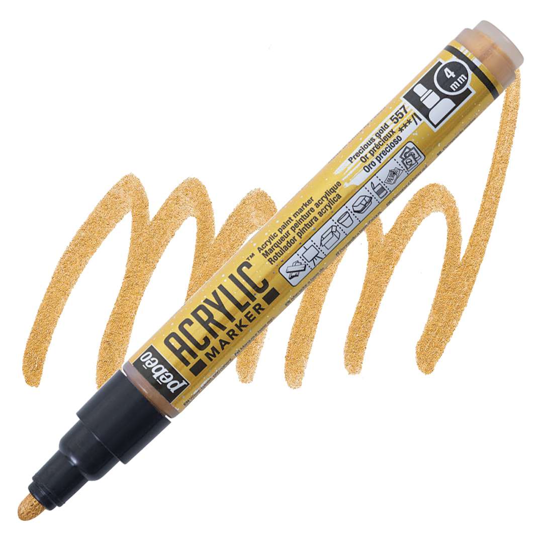 Open in modal - Pebeo Acrylic Marker - Precious Gold, 4 mm Bullet Nib marker and swatch