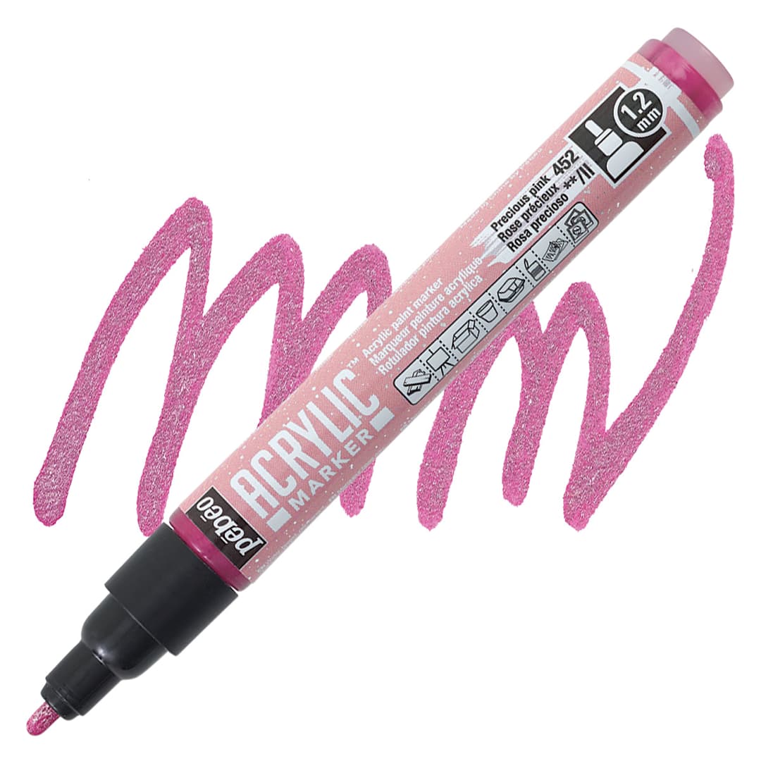 Open in modal - Pebeo Acrylic Marker - Precious Pink, 1.2 mm bullet nib marker and swatch