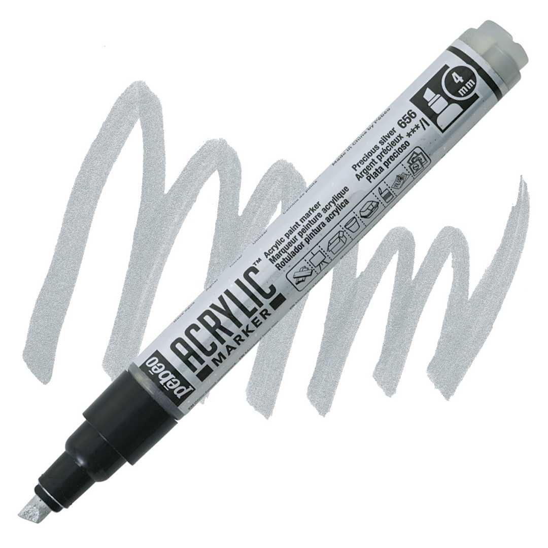 Open in modal - Pebeo Acrylic Marker - Precious Silver, 4 mm Chisel Nib marker and swatch