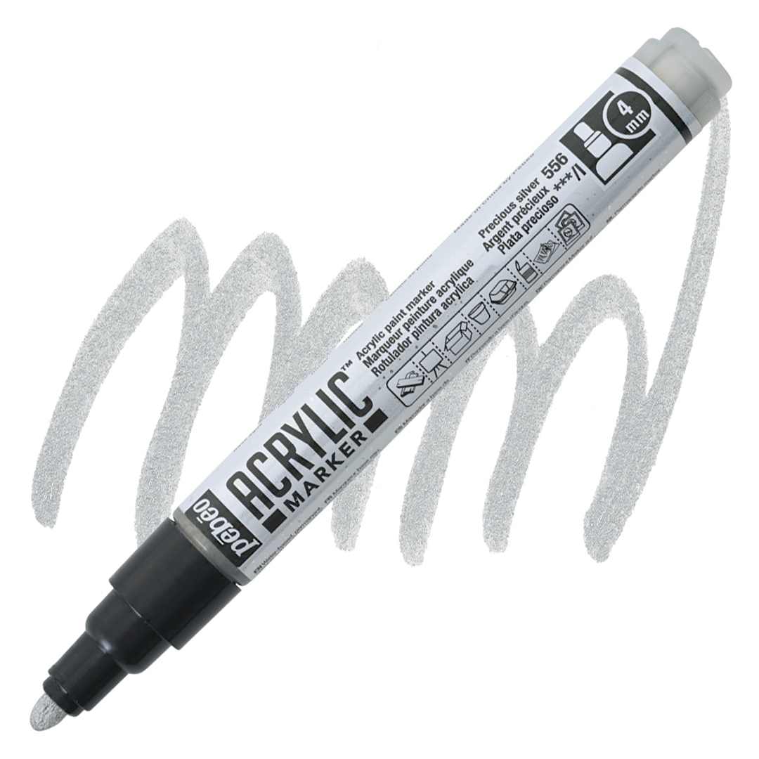 Open in modal - Pebeo Acrylic Marker - Precious Silver, 4 mm Bullett Nib marker and swatch
