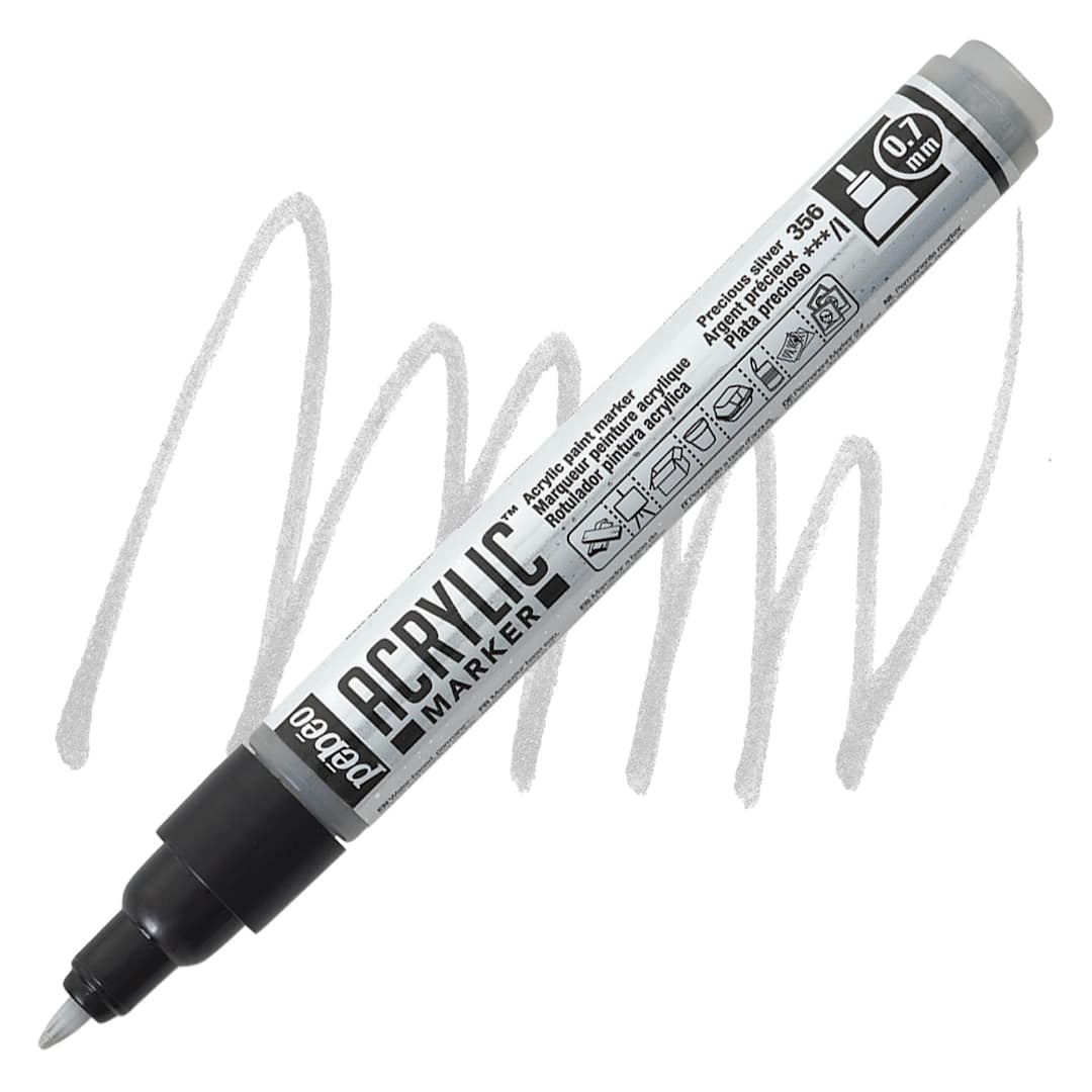 Open in modal - Pebeo Acrylic Marker - Precious Silver, 0.7 mm Fine Nib marker and swatch