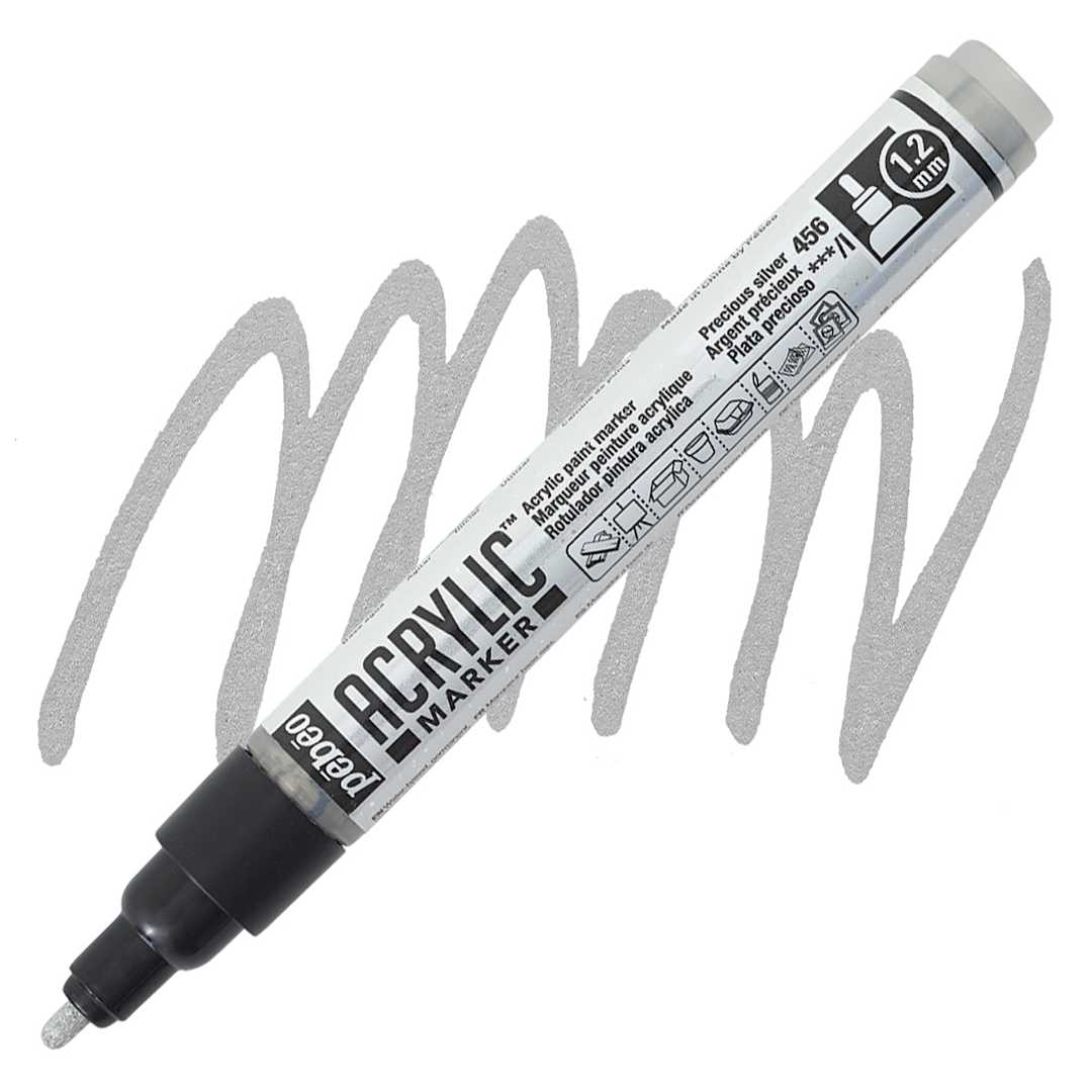 Open in modal - Pebeo Acrylic Marker - Precious Silver, 1.2 Bullet Nib marker and swatch