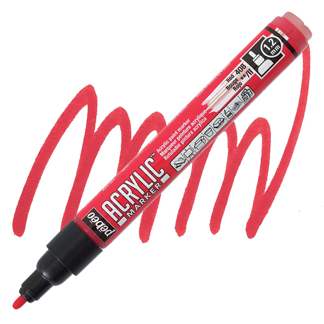 Open in modal - Pebeo Acrylic Marker - Red, 1.2 mm, Bullet Nib marker and swatch