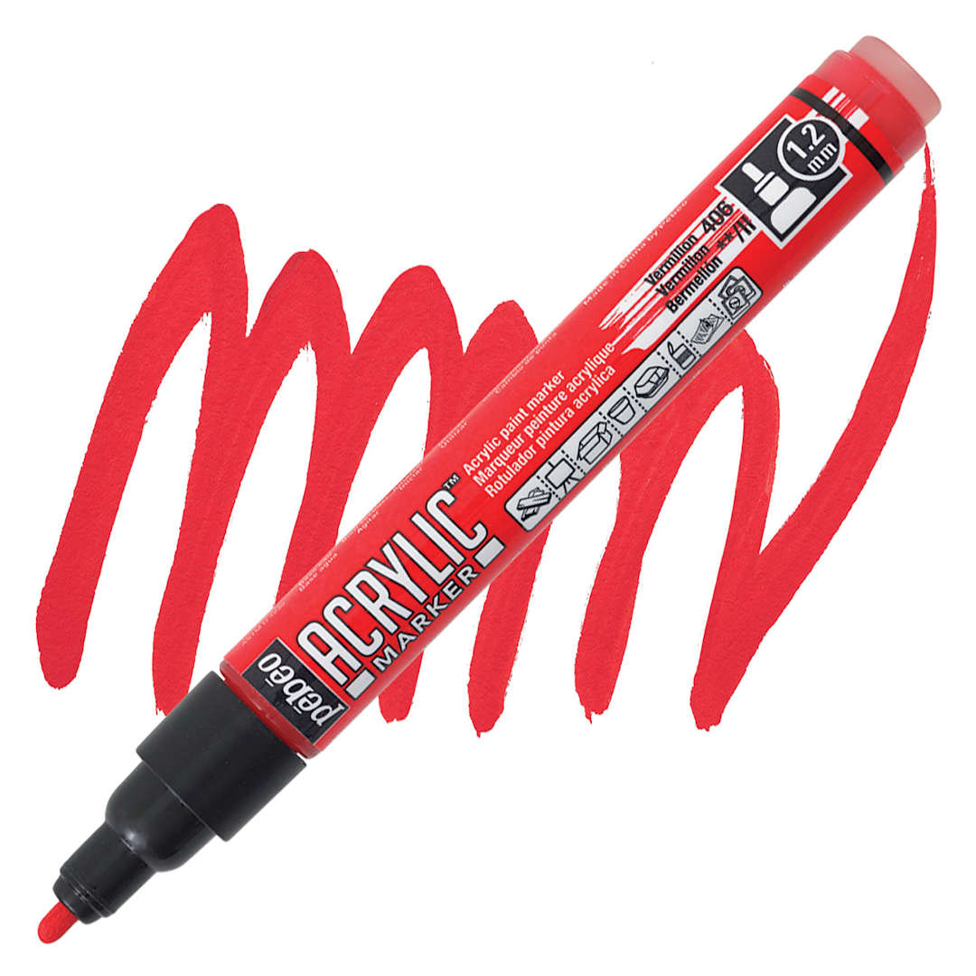 Open in modal - Pebeo Acrylic Marker - Vermilion, 1.2 mm, Bullet Nib marker and swatch