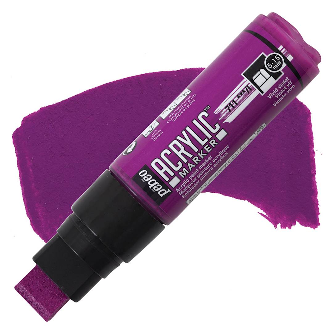 Open in modal - Pebeo Acrylic Marker - Vivid Violet, 5-15 mm, Flat Nib marker and swatch