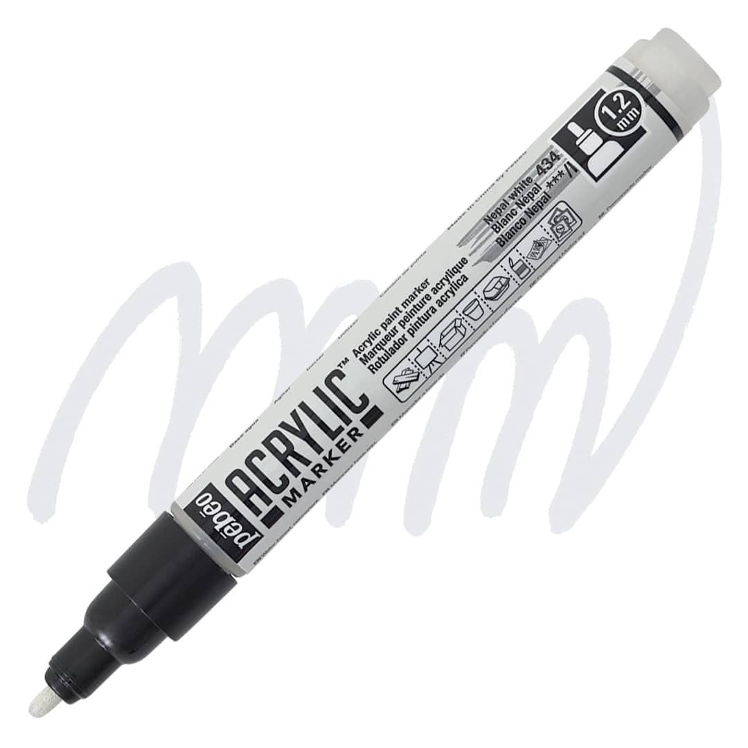 Open in modal - Pebeo Acrylic Marker - Nepal White 1.2 mm bullet nib marker and swatch