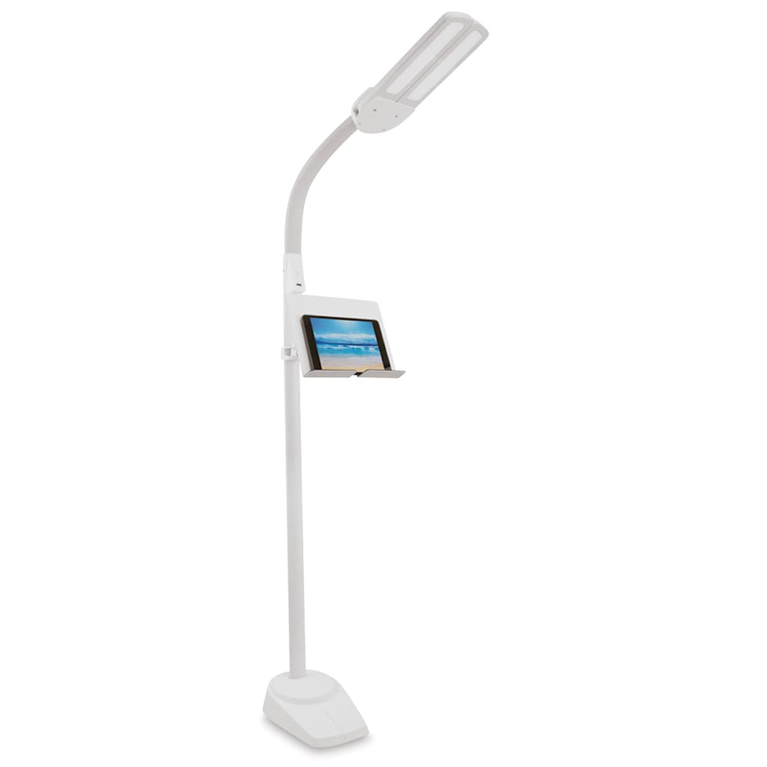 Open in modal - OttLite Dual Shade LED Floor Lamp - shown with Tablet on Charging Station