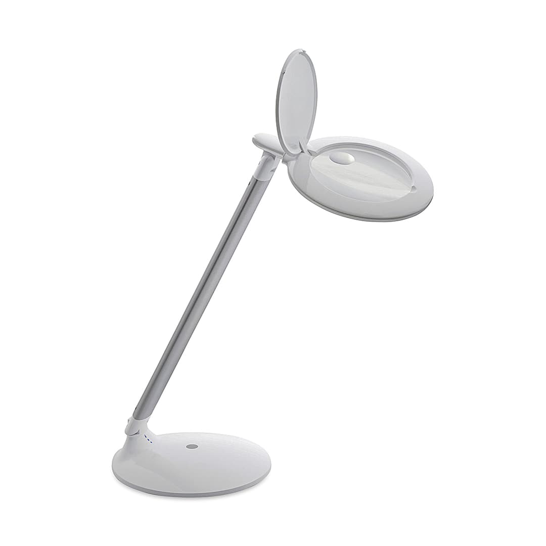 Open in modal - Daylight Halo Go Magnifier Lamp - Angled view with magnifier lid open