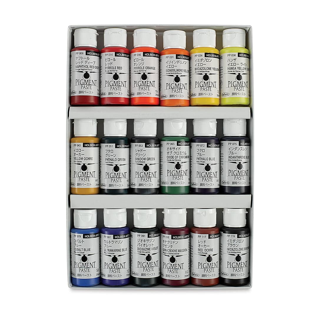 Open in modal - Holbein Tosai Pigment Paste Set - 18 bottles of pigments shown in open package