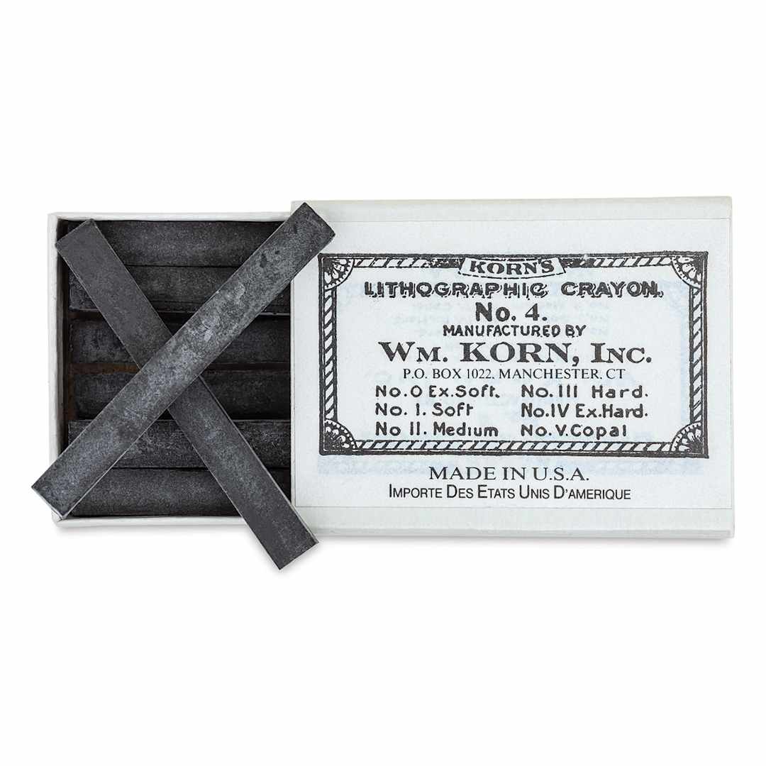 Open in modal - Korn's Lithographic Crayons - Box of 12, #4 Extra Hard - with box slid half open
