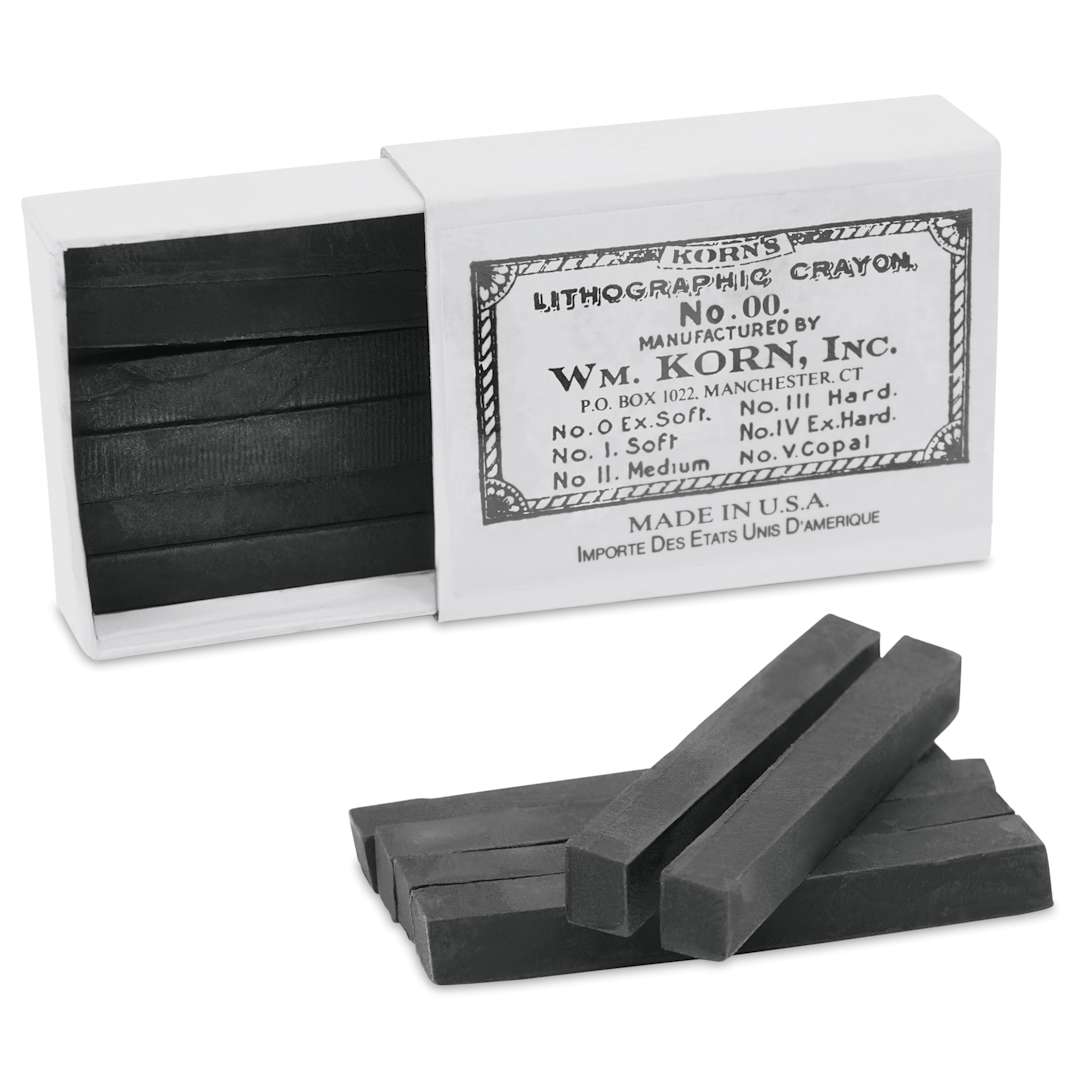 Open in modal - Korn's Lithographic Crayons - Box of 12, #00 Extremely Soft, sticks and packaging