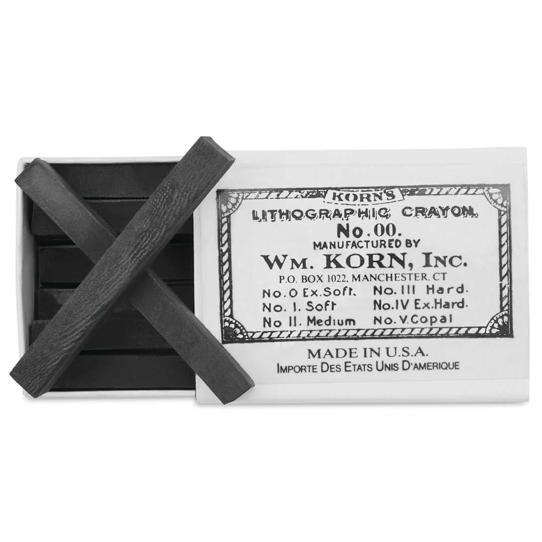 Open in modal - Korn's Lithographic Crayons - Box of 12, #00 Extremely Soft, two sticks outside of the packaging