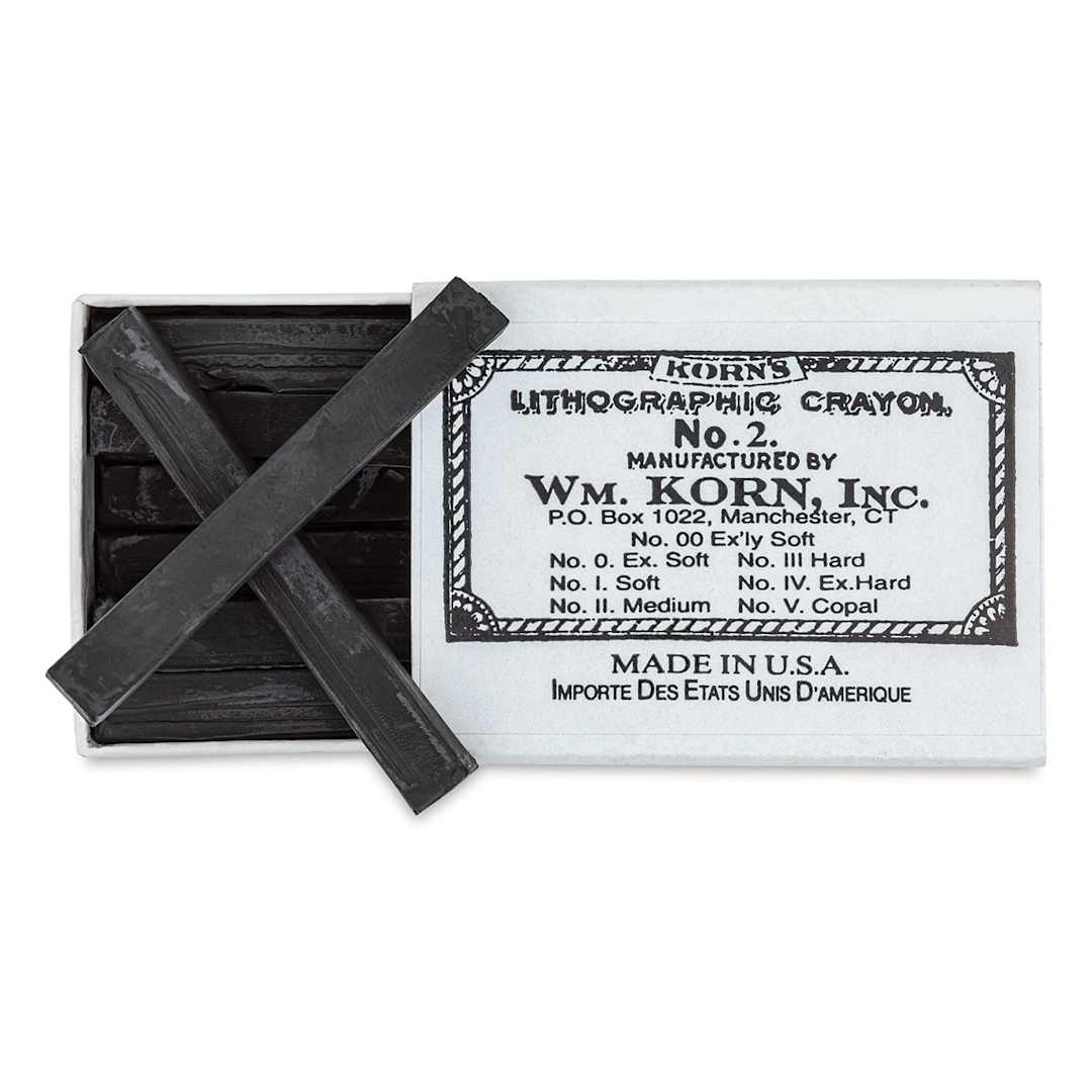 Open in modal - Korn's Lithographic Crayons - Box of 12, #2 Medium - top view with box slid half open
