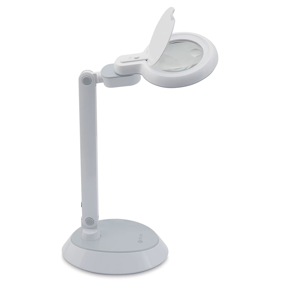 Open in modal - OttLite LED Magnifier Desk Lamp - Angled view of lamp showing magnifier