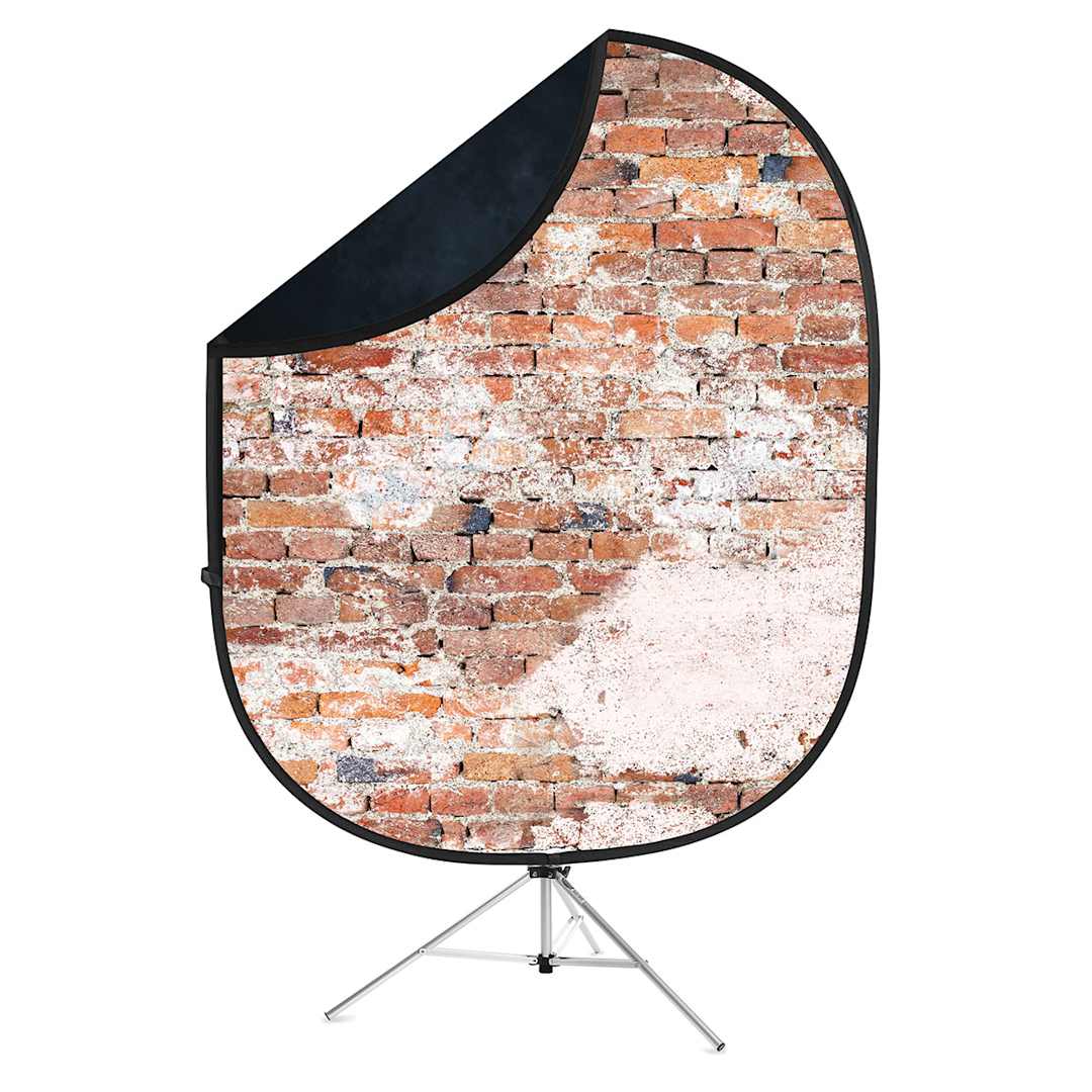 Open in modal - Reversible Collapsible Backdrop Kit - Weathered Brick and Black Backdrop shown on stand