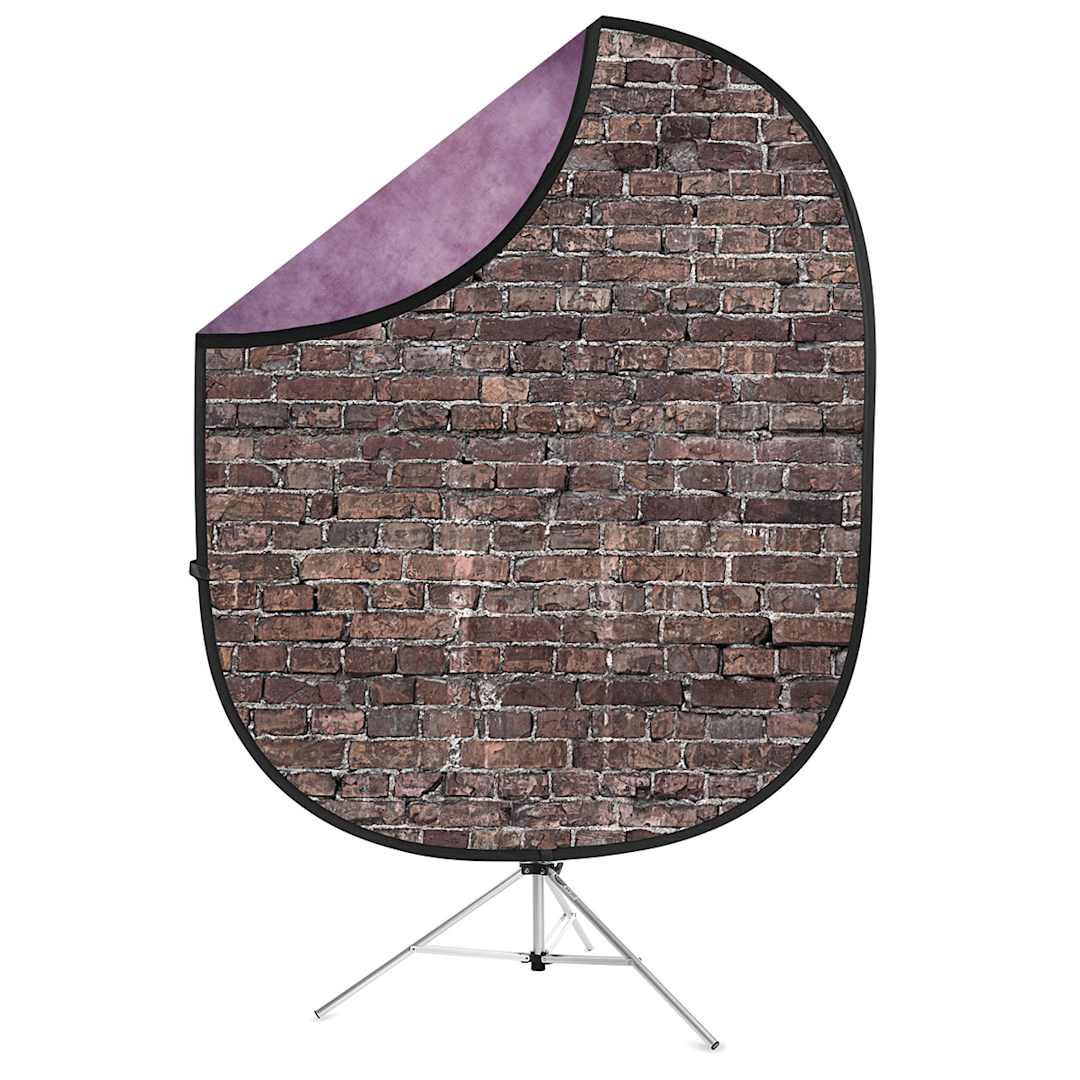 Open in modal - Reversible Collapsible Backdrop Kit - Grunge Brick and Purple Backdrop shown on stand