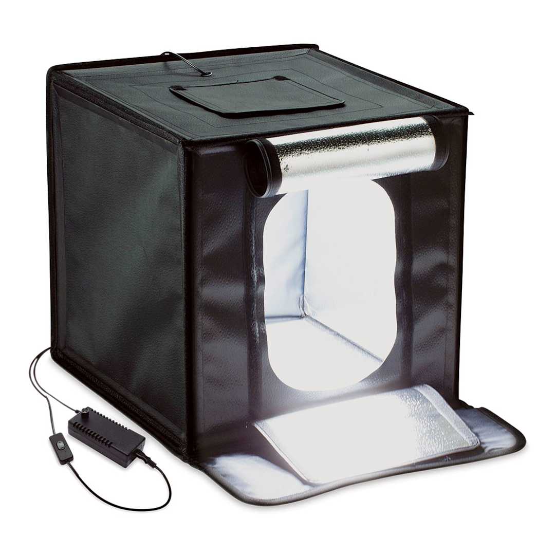 Open in modal - Smith-Victor LED Desktop Studio Light Tent - 17"H x 17"W x 17"D (Front, Light on)