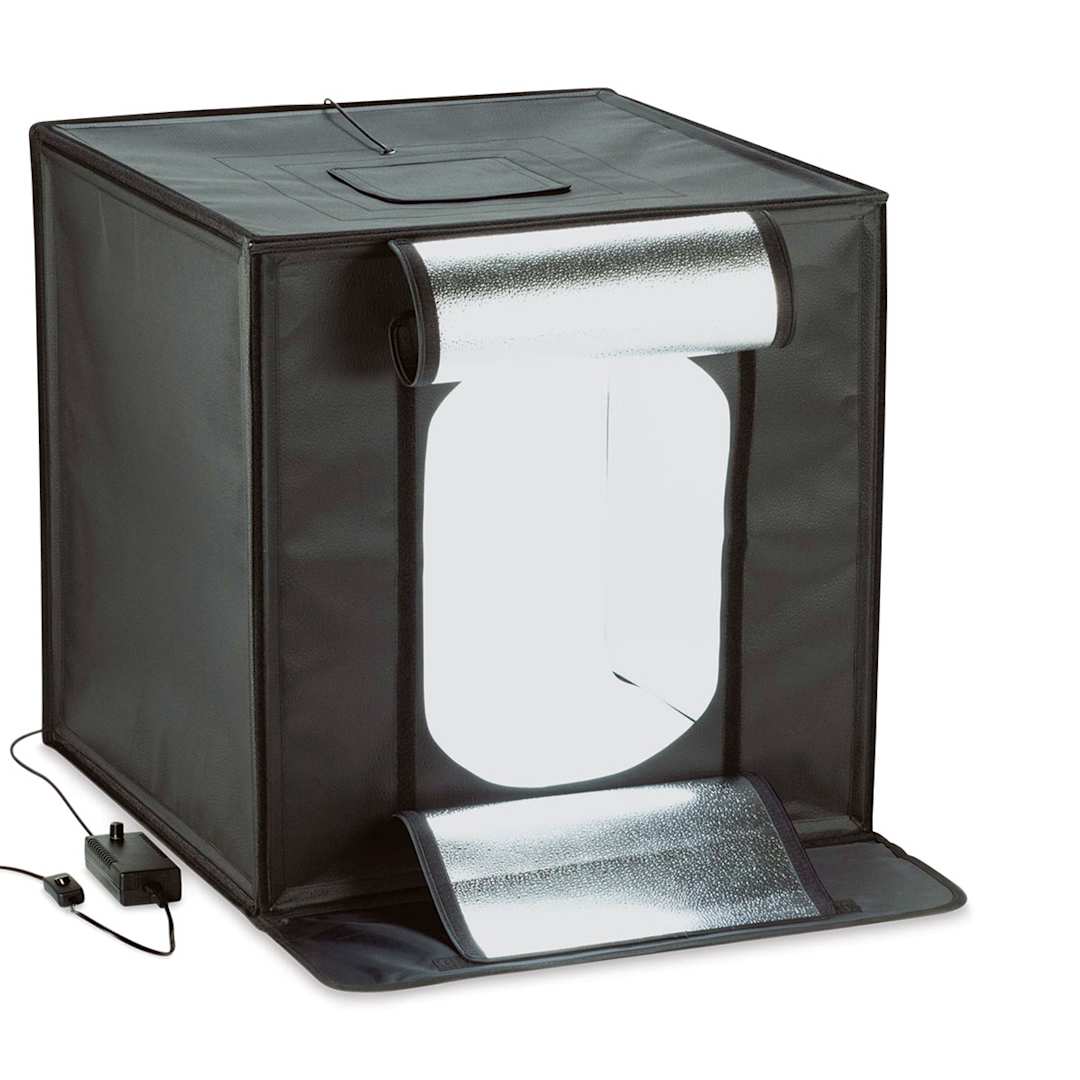 Open in modal - Smith-Victor LED Desktop Studio Light Tent - 25"H x 25"W x 25"D (Front, Light on)
