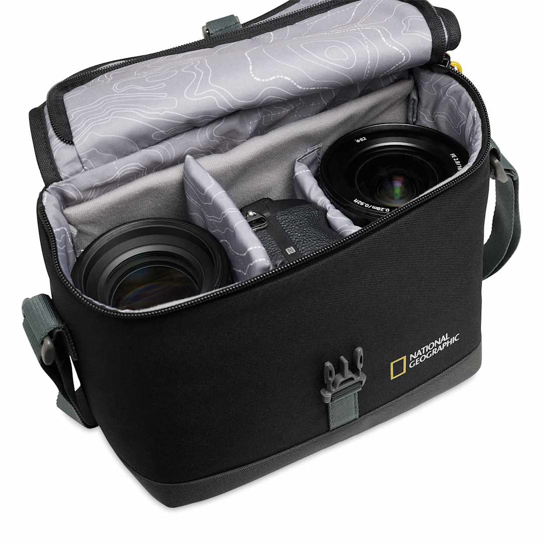 Open in modal - National Geographic Shoulder Bag - Medium, top open looking at the inside of the bag