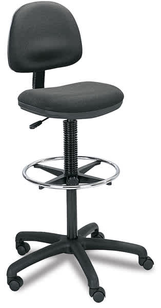 Open in modal - Precision Drafting Stool - Angled view of Fabric chair at maximum height