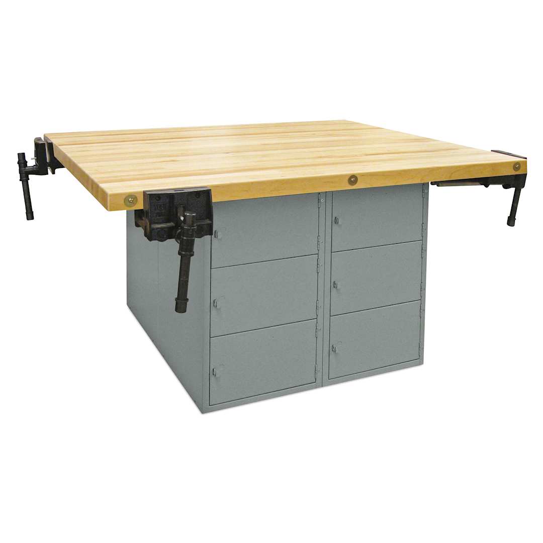 Open in modal - Hann Four-Station Locker-Type Workbench - Gray, horizontal locker with 4 Vises