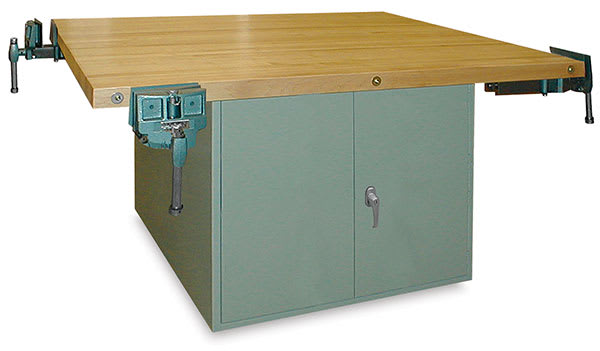 Open in modal - Hann Four-Station Locker-Type Workbench - showing 4-Door Workbench with 4 Woodworking Vises