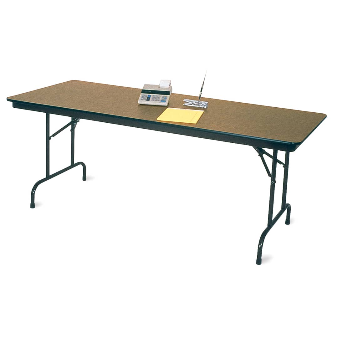 Open in modal - Budget-Priced Adjustable Folding Table- right angle showing steel pedestal legs and locking mechanism