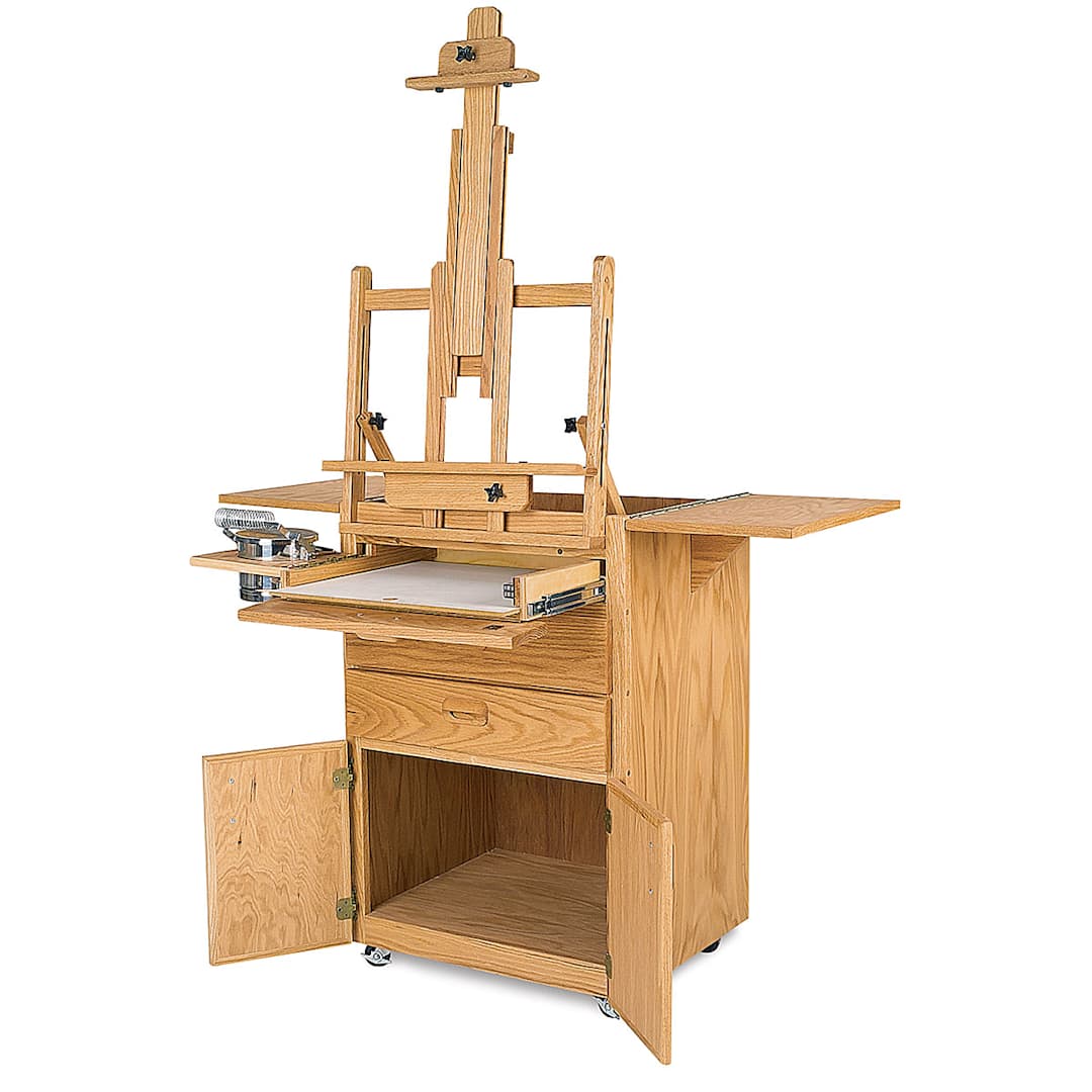 Open in modal - Best Sitha's Taboret and Easel - Open showing side arms, storage and easel
