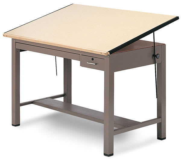 Open in modal - Mayline Ranger Steel Four-Post Drawing Tables - Angled view with Tool and Plan Drawers
