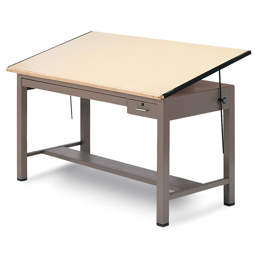 Open in modal - Mayline Ranger Medium Steel Four-Post Drawing Table - 72" x 37-1/2", Black, with Tool & Plan Drawer