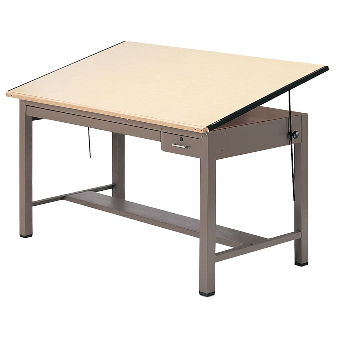 Open in modal - Mayline Ranger Large Steel Four-Post Drawing Table - 72" x 43-1/2", Black, with Tool and Plan Drawer