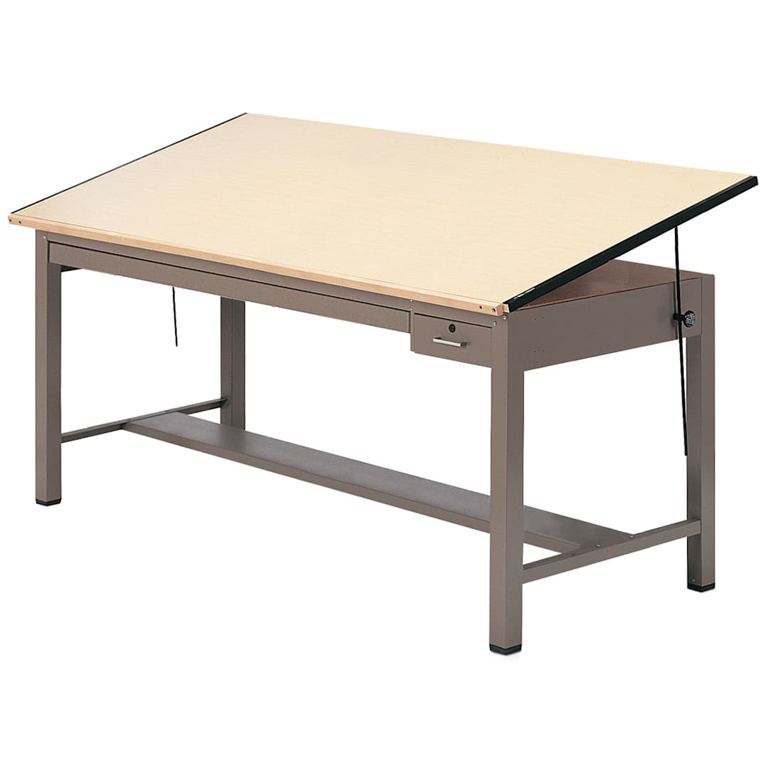 Open in modal - Mayline Ranger X Large Steel Four-Post Drawing Table - 84" x 43-1/2", Black, Tool and Plan Drawer