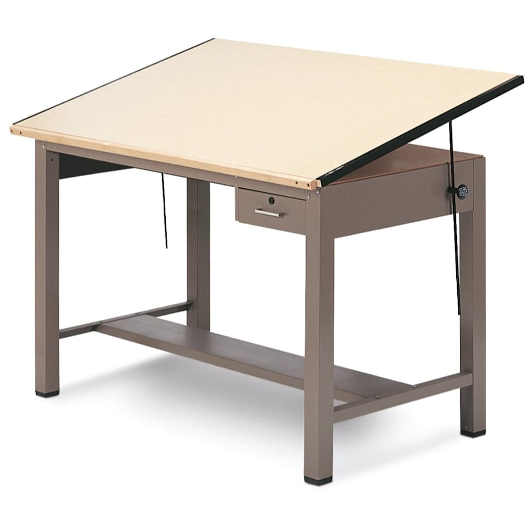 Open in modal - Mayline Ranger Steel Four-Post Drawing Tables - Angled view with Tool Drawer
