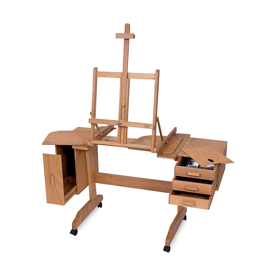 Open in modal - Mabef Painting Workstation Easel - Shown with Mast raised, storage drawers and cabinet open
