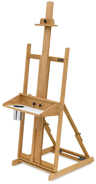 Open in modal - American Easel Maestro Easel - Angled view showing tray with canister and mast extended
