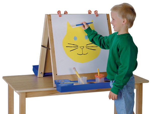 Open in modal - Children's Tabletop Easel - Double sided Easel on table with one child painting picture
