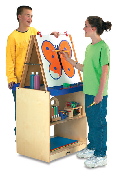 Open in modal - Jonti-Craft 2-Station Easel with storage shelves below - left angle view shows 2 pre-teens painting