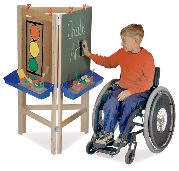 Open in modal - 3-Way Adjustable Easel - Child in wheelchair erasing chalkboard side of Easel