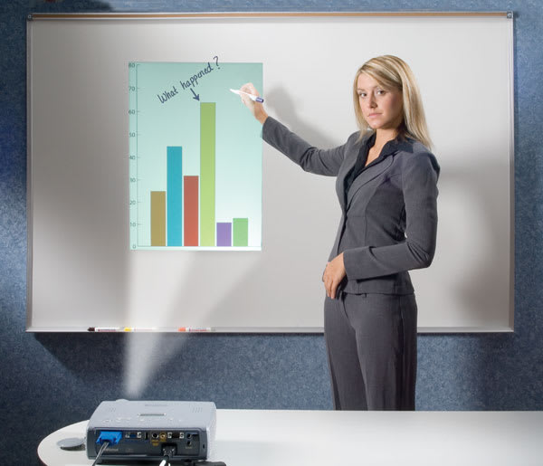 Open in modal - Projection/Markerboard shown in office setting, with woman writing on projected chart on markerboard