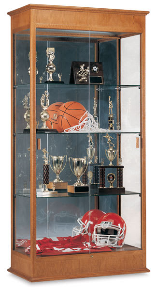 Open in modal - Varsity Series Display Case, -left angle view showing three shelves holding trophys and Mirror Back 