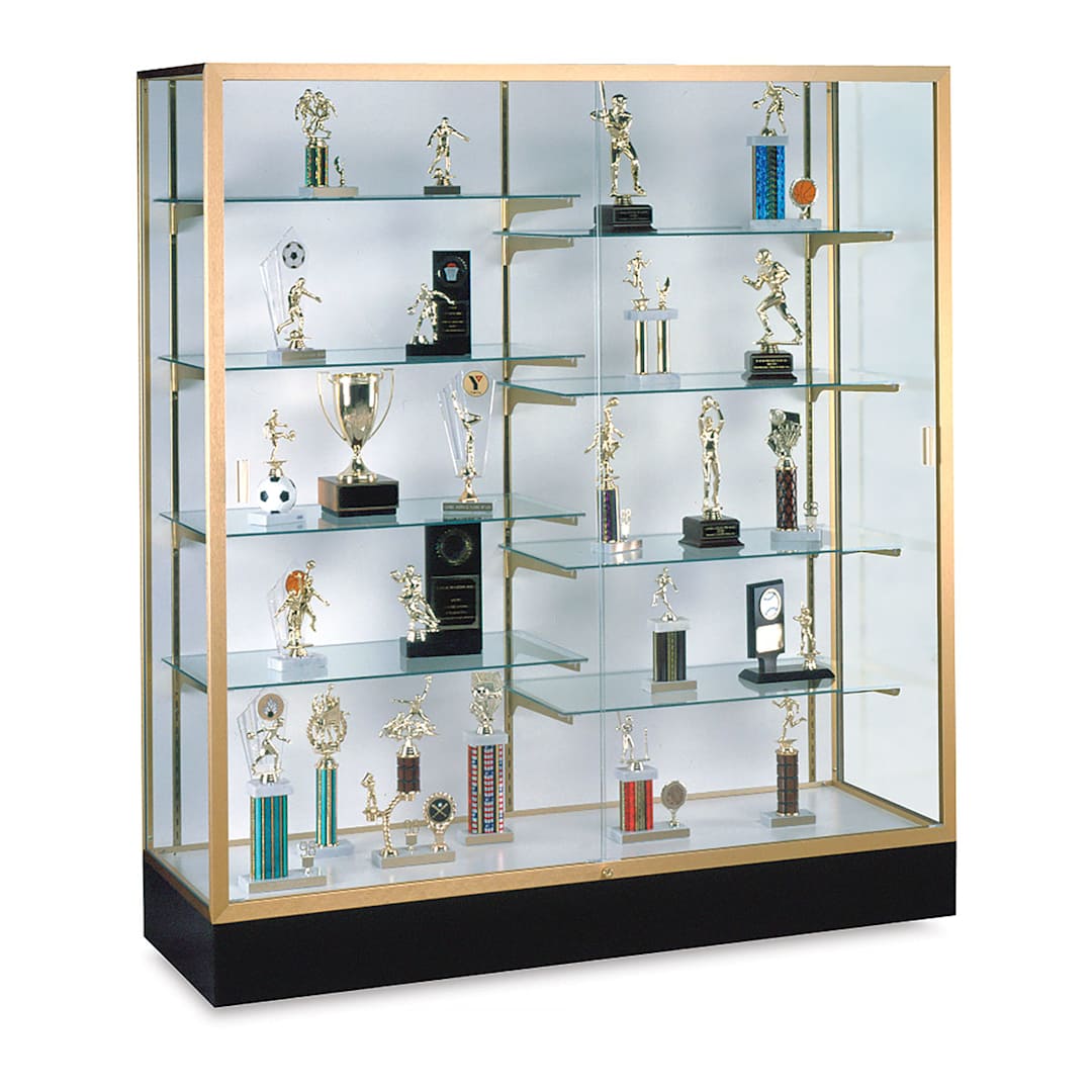 Open in modal - Colossus Display Case in gold trim -  white backing, 2 locked doors, and 8 adjustable shelves shown